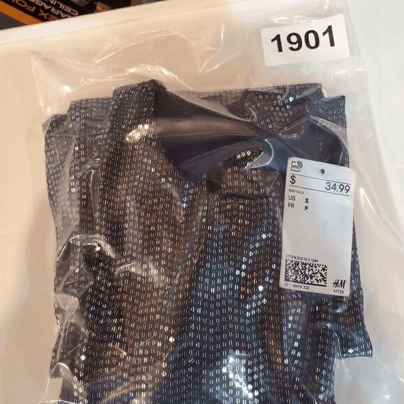 H&M Dress Womens Small Blue Sequin Metallic Cut Out Back Long Sleeve Round Neck - Picture 8 of 8